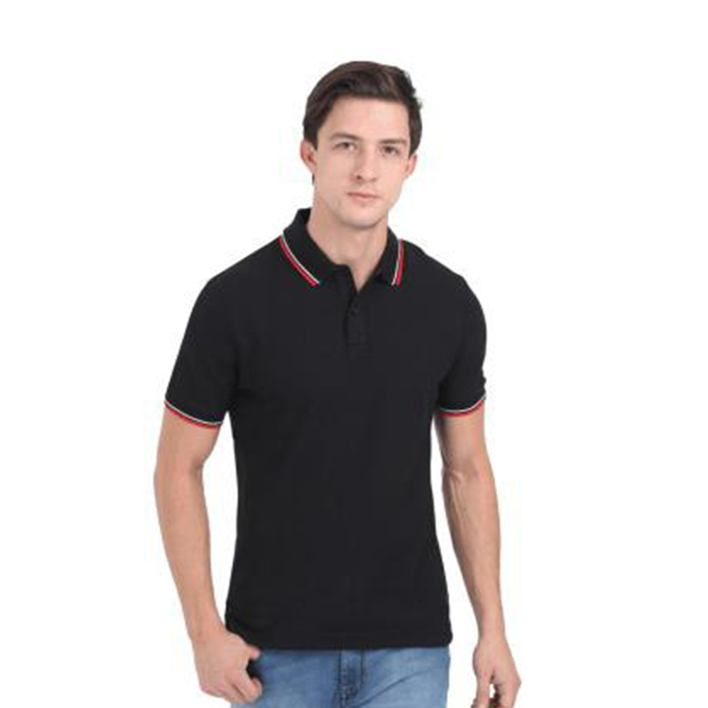 MARKS & SPENCERS POLO NECK BLACK T-SHIRT -COTTON PLAIN  WITH TIPPING