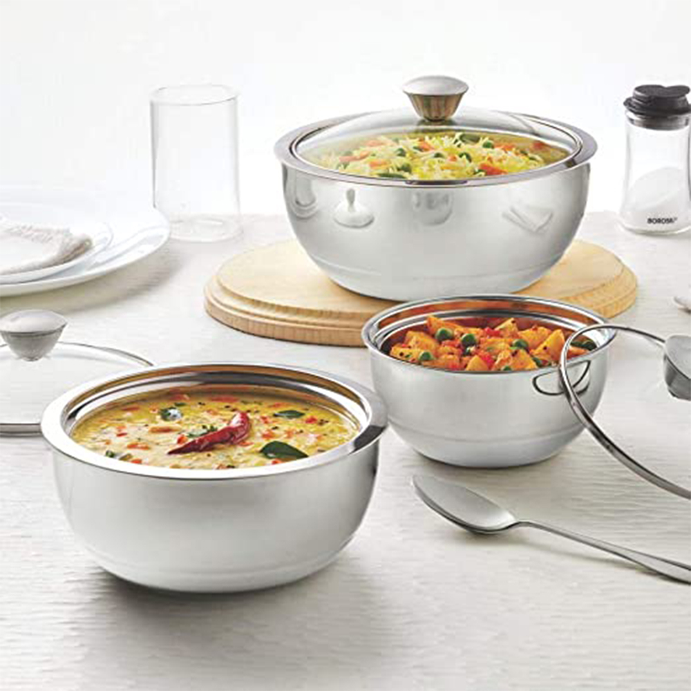 BOROSIL SS INSULATED CURRY  SERVER SET OF 3