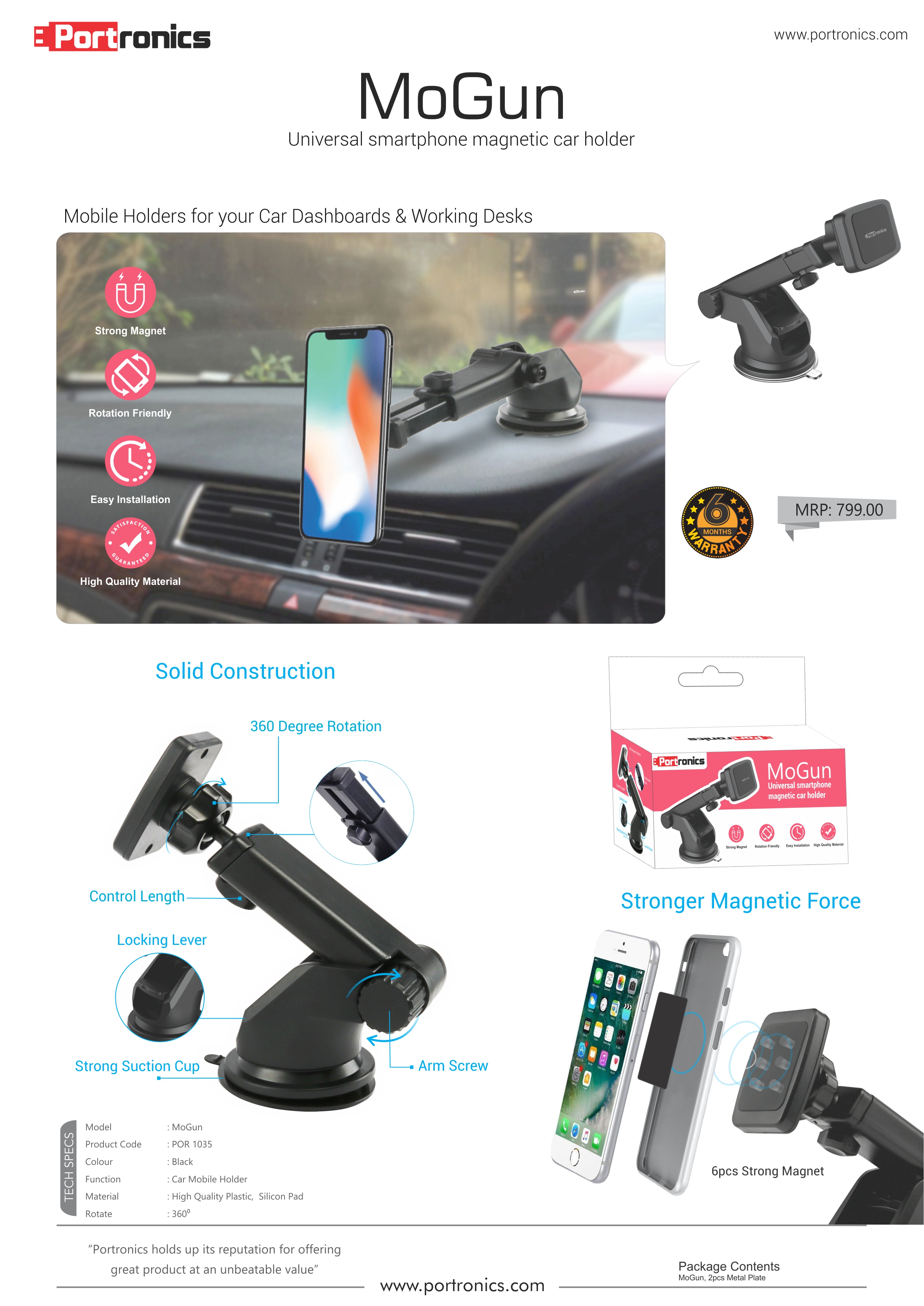 Portronics MoGun-Universal smartphone magnetic car holder