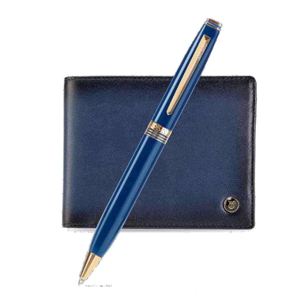 Contemporary Blue Gold Trims Ballpoint Pen With Blue Wallet