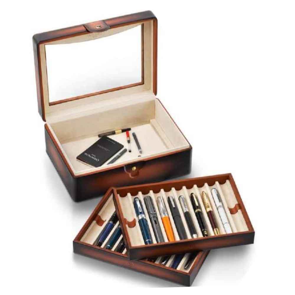 Lapis Bard Hemingway Dual-Tone Pen Chest With Plexiglas Top (20 Pen Capacity) - Cognac