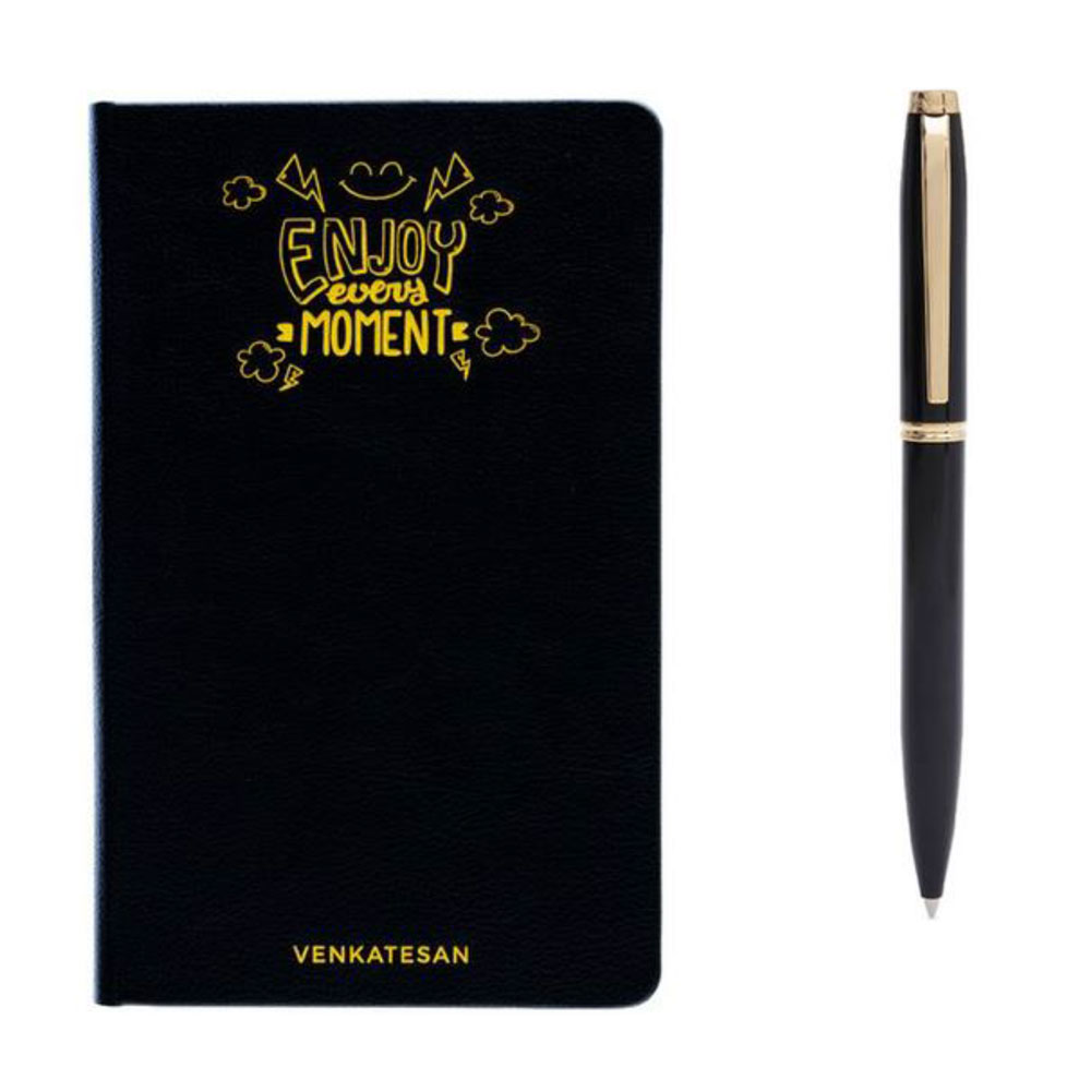 Pennline Ruled Notebook With Laser-Engravable ItalianLeatherette Cover – Black With Personalised Yellow and Atlas Gloss Black Ball Point Pen