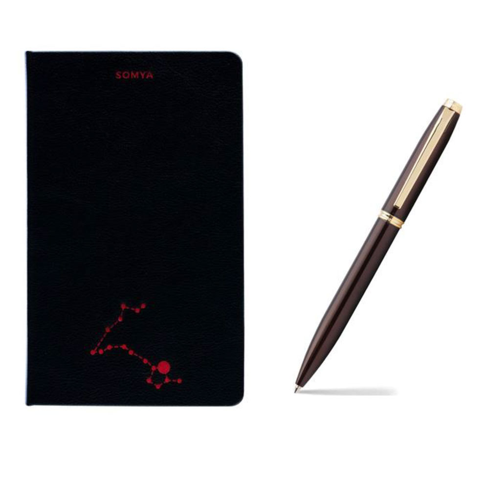 Pennline Ruled Notebook With Laser-Engravable Italian Leatherette Cover – Black With Personalised Red and Atlas Gloss Brown Ball Point Pen