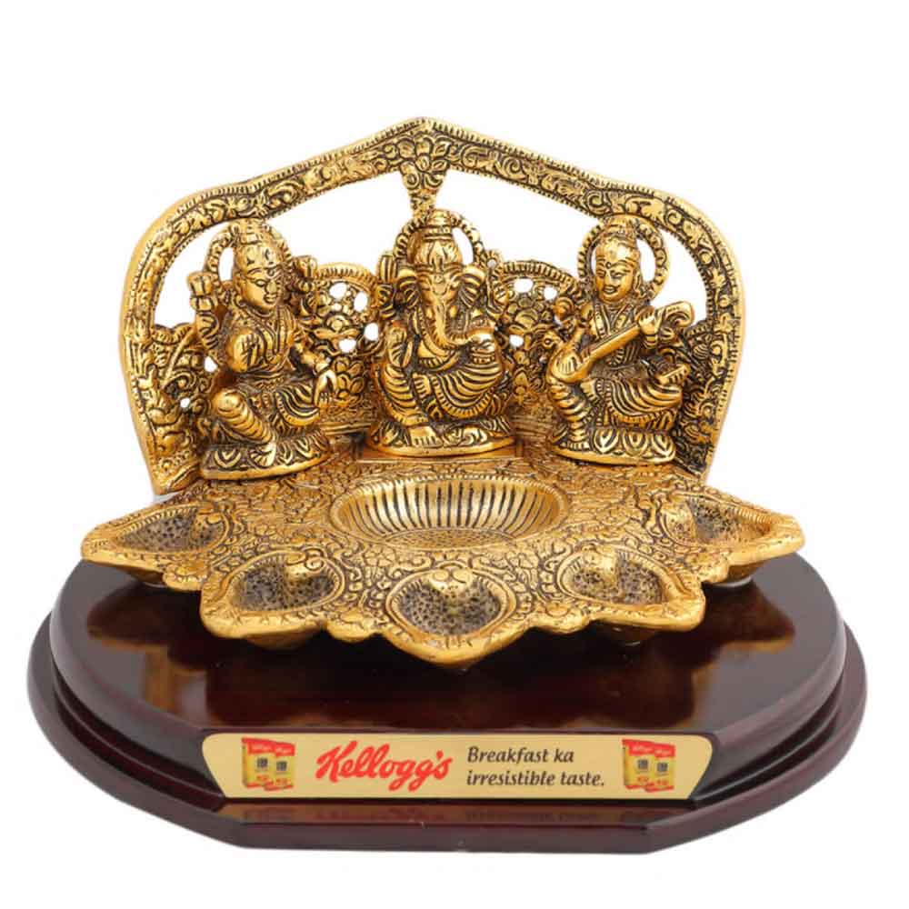 FTG 86 - Metale Finished Lord Ganesha, Laxmi and Saraswati Statue with Pavitra Diya