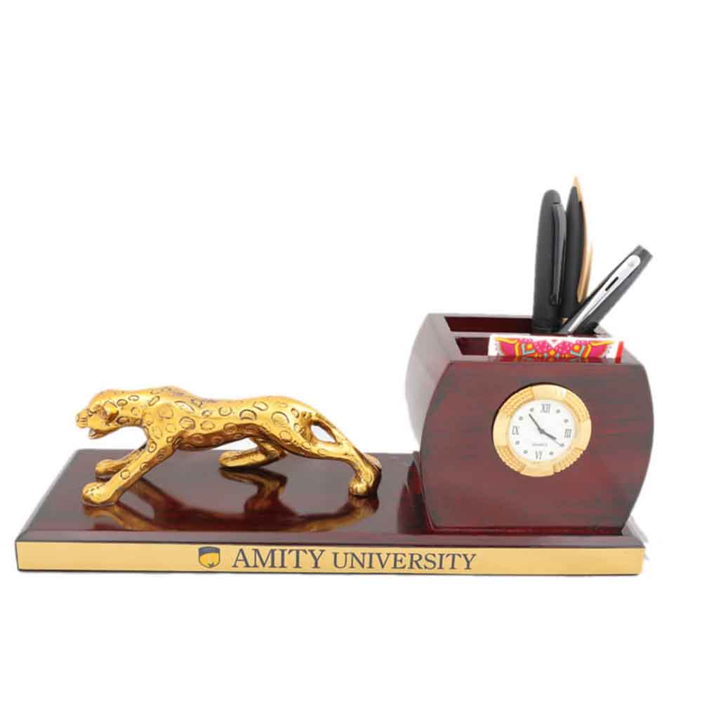 FTG 90 - Wooden Pen Stand with a Round Clock and a Jaguar Statue