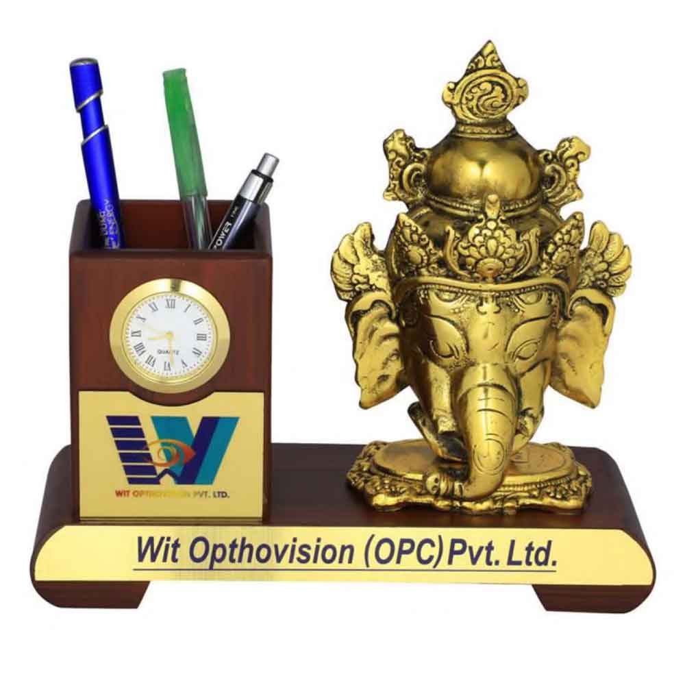 FTG 104 - Wooden Finished Pen Stand with a Metal Finished Lord Ganesh Statue and a Round Shaped Watch