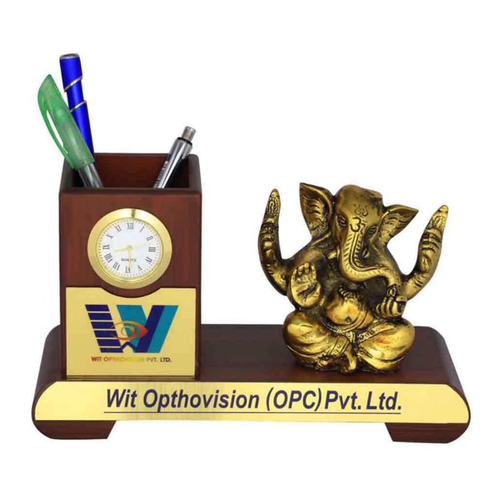 FTG 105 - Wooden Finished Pen Stand with a Metal Finished Lord Ganesh Statue and a Round Shaped Watch