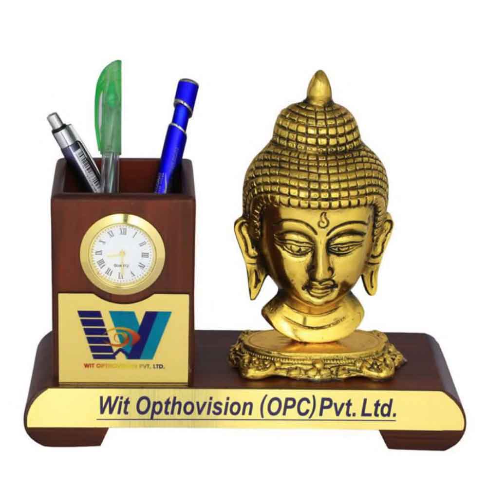 FTG 106 - Wooden Finished Pen Stand with a Metal Finished Lord Buddha Statue and a Round Shaped Watch
