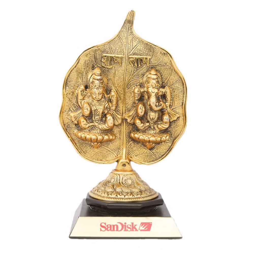 FTG 111 - Metal Finished Lord Ganesh and Laxmi Statue in a Leaf