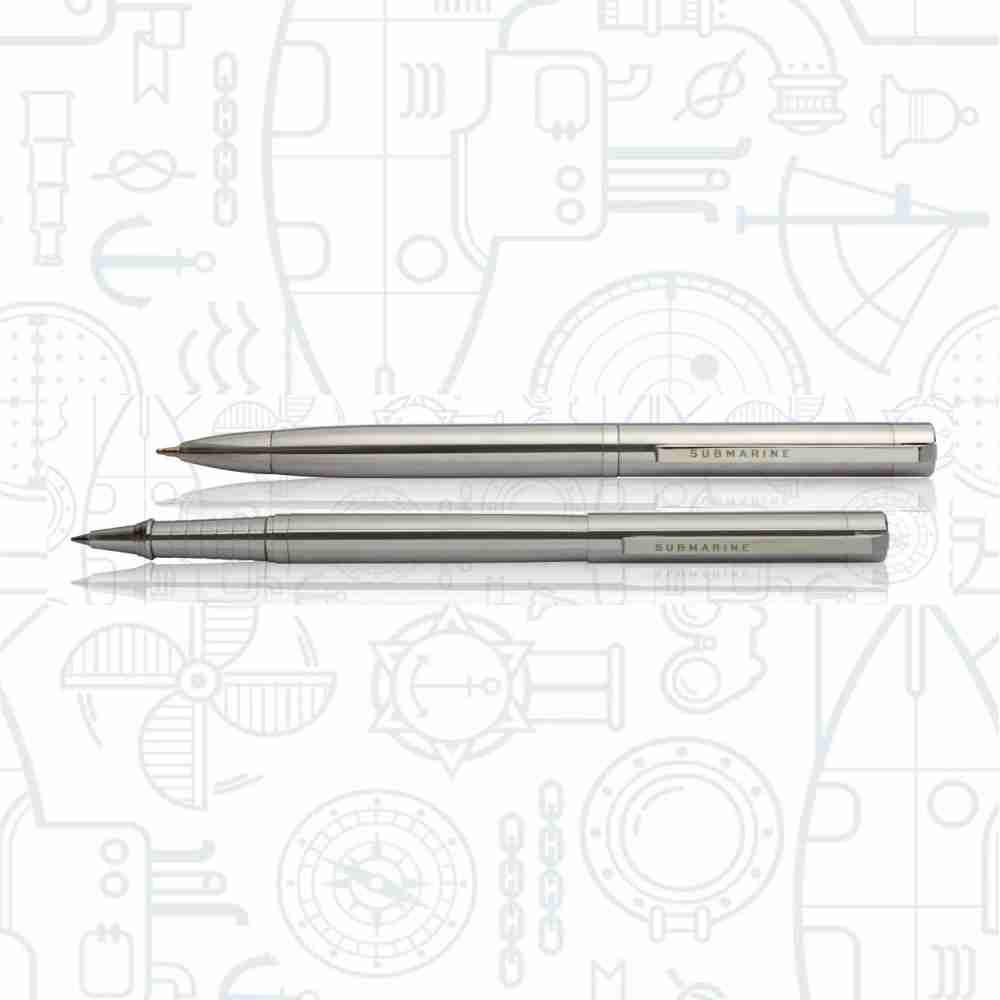 SUBMARINE CHROME RODIUM SERIES SOLID LEAN BALL PEN AND ROLLER PEN SET
