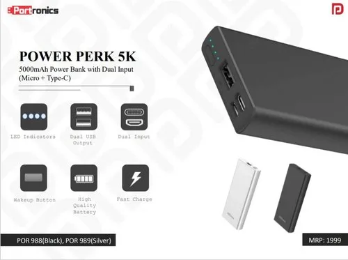 Portronics Power Perk 5K-5000mAh Power Bank with Dual Input (Micro+Type-C)