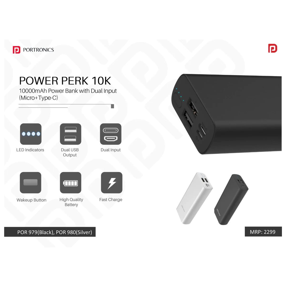 Portronics Power Perk 10K-10000mAh Power Bank with Dual Input (Micro+Type-C)