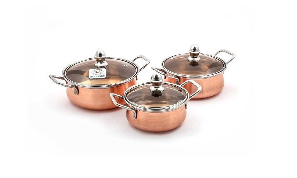 Coconut Minar Collection Set of 3pcs Cookware – Copper with Glass Lid