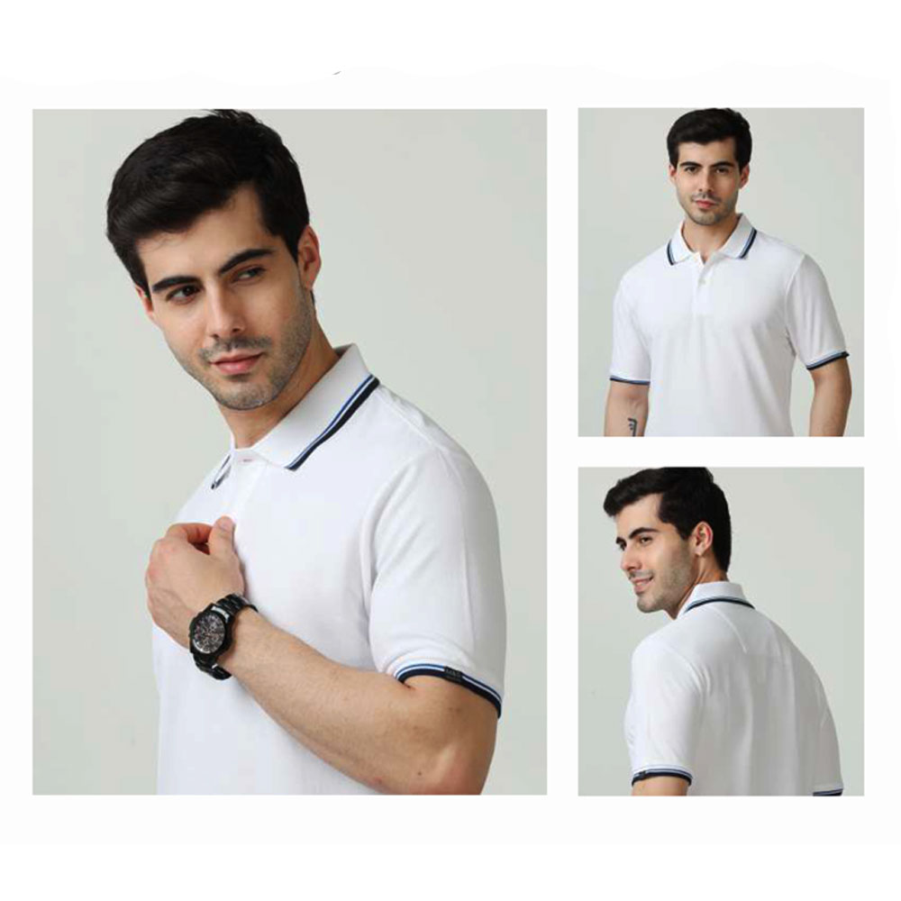 MARKS & SPENCERS POLO NECK WHITE T-SHIRT -COTTON PLAIN  WITH TIPPING