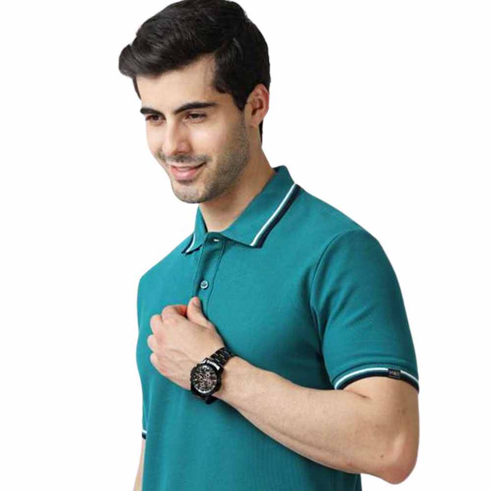 MARKS & SPENCERS POLO NECK AQUA BLUE T-SHIRT - COTTON PLAIN WITH TIPPING