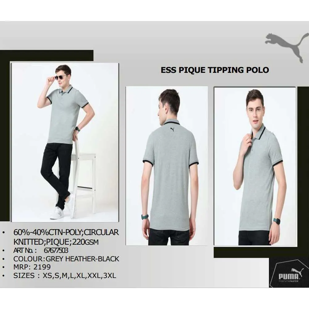 PUMA - ESS PIQUE TIPPING POLO T-SHIRT - GREY WITH BLACK TIPPING - 60%-40% CTN-POLY - 220GSM 